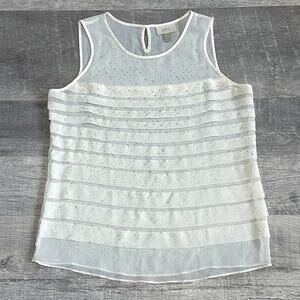LOFT Sleeveless Sheer Tiered Blouse Women M White Metallic Gold Flecked Tank Top